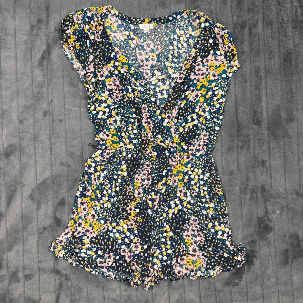 LOFT Petites Floral Wrap Front Romper Navy Pink Yellow Ruffle Hem Size MP